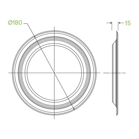 18cm / 7" Round Plant Fibre Plate|18cm / 7" Round Plant Fibre Plate Side View|18cm / 7" Round Plant Fibre Plate Line Drawing|18cm / 7" Round Plant Fibre Plate With Food