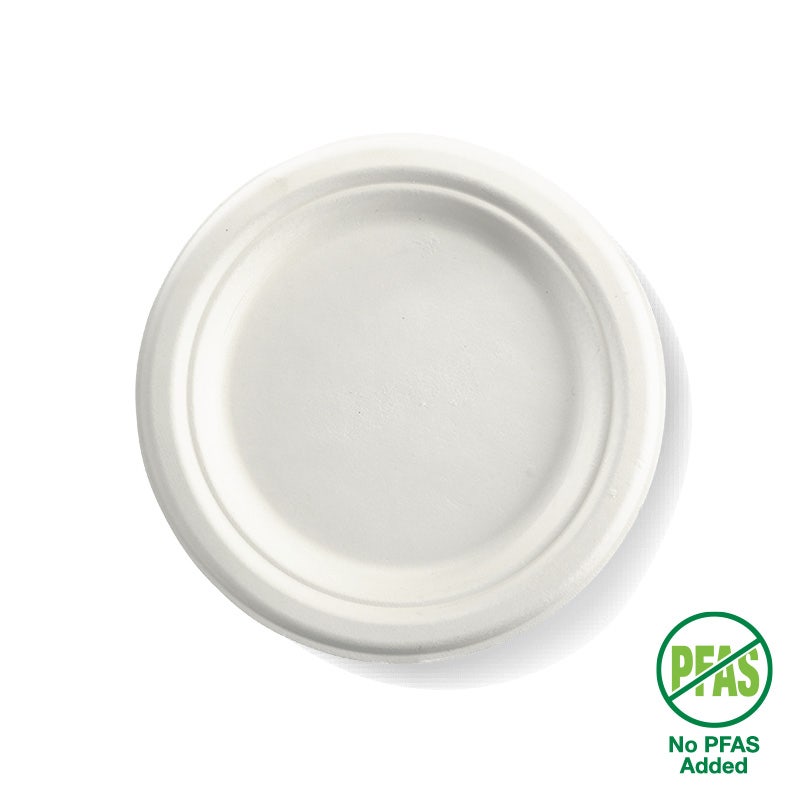 18cm / 7" Round Plant Fibre Plate|18cm / 7" Round Plant Fibre Plate Side View|18cm / 7" Round Plant Fibre Plate Line Drawing|18cm / 7" Round Plant Fibre Plate With Food