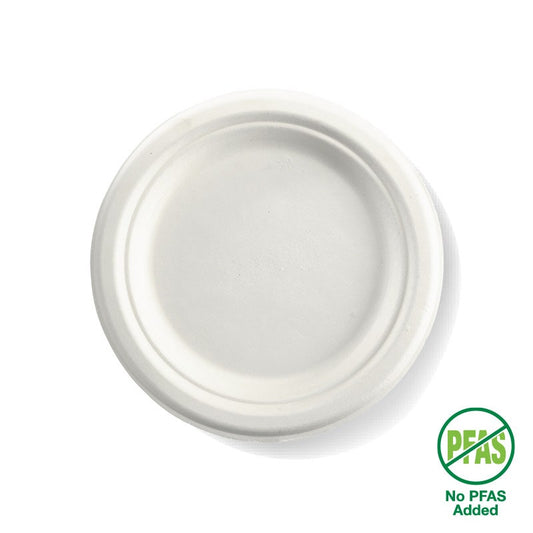 18cm / 7" Round Plant Fibre Plate|18cm / 7" Round Plant Fibre Plate Side View|18cm / 7" Round Plant Fibre Plate Line Drawing|18cm / 7" Round Plant Fibre Plate With Food