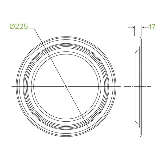 23cm / 9” Round Plant Fibre Plate|23cm / 9” Round Plant Fibre Plate Side View|23cm / 9” Round Plant Fibre Plate Line Drawing|23cm / 9” Round Plant Fibre Plate With Food