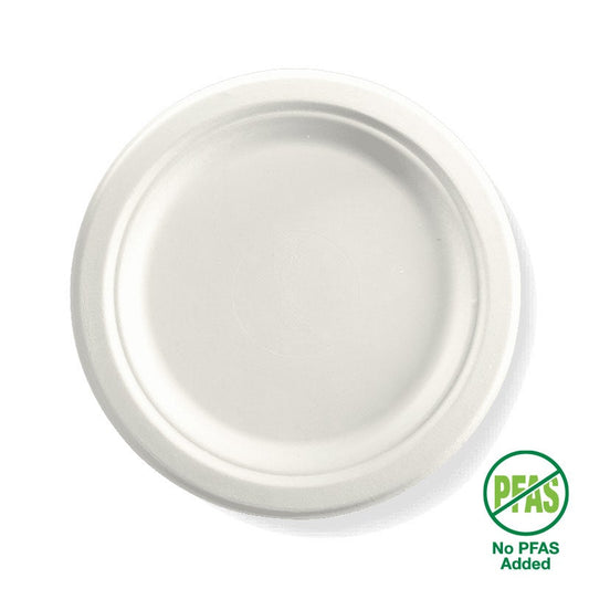 23cm / 9” Round Plant Fibre Plate|23cm / 9” Round Plant Fibre Plate Side View|23cm / 9” Round Plant Fibre Plate Line Drawing|23cm / 9” Round Plant Fibre Plate With Food