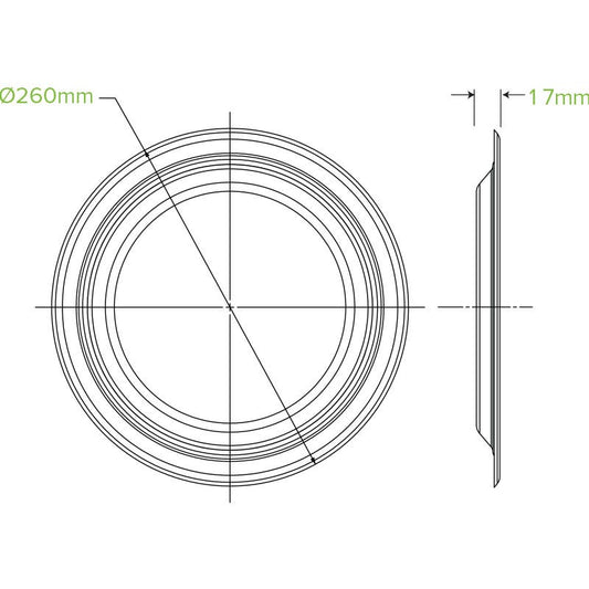 25cm / 10" Round Plant Fibre Plate with No PFAS Added Logo|25cm / 10" Round Plant Fibre Plate Line Drawing