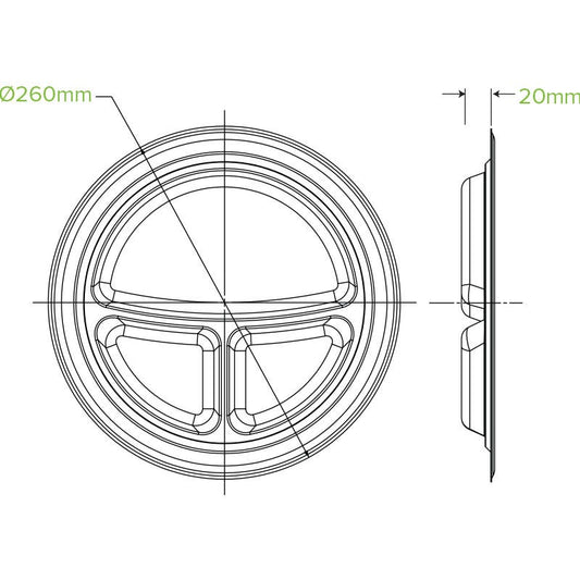 |25cm / 10" 3-Compartment Round Plant Fibre Plate Line Drawing