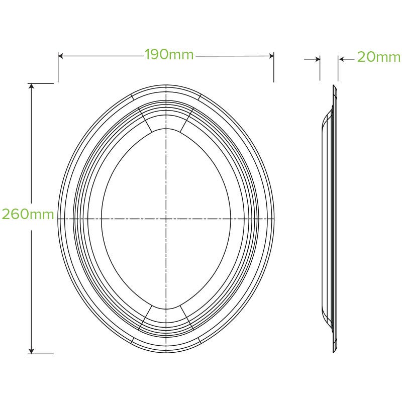 26x19cm / 10.25x7.75" Oval Plant Fibre Plate with No PFAs logo|26x19cm / 10.25x7.75" Oval Plate Line Drawing