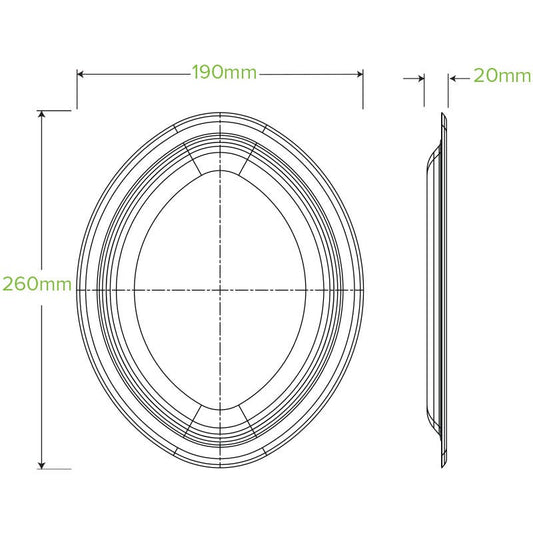 26x19cm / 10.25x7.75" Oval Plant Fibre Plate with No PFAs logo|26x19cm / 10.25x7.75" Oval Plate Line Drawing