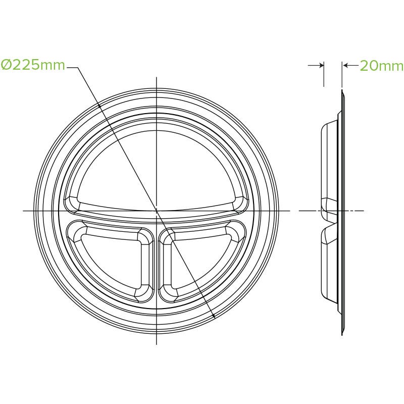 23cm / 9" 3-Compartment Round Plant Fibre Plate|23cm / 9" 3-Compartment Round Plant Fibre Plate Line Drawing