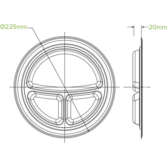 23cm / 9" 3-Compartment Round Plant Fibre Plate|23cm / 9" 3-Compartment Round Plant Fibre Plate Line Drawing