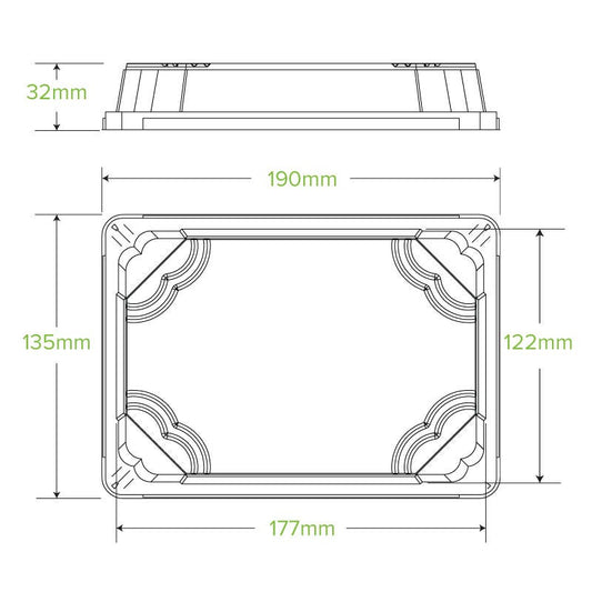Long BioCane Sushi Tray PLA Lid|sugarcane sushi tray and clear lid|Medium Bioplastic Sushi Tray Line Drawing Lid Line Drawing|sugarcane sushi tray with clear lid filled with assorted sushi 