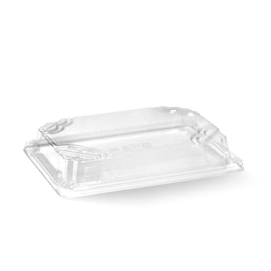 Long BioCane Sushi Tray PLA Lid|sugarcane sushi tray and clear lid|Medium Bioplastic Sushi Tray Line Drawing Lid Line Drawing|sugarcane sushi tray with clear lid filled with assorted sushi 
