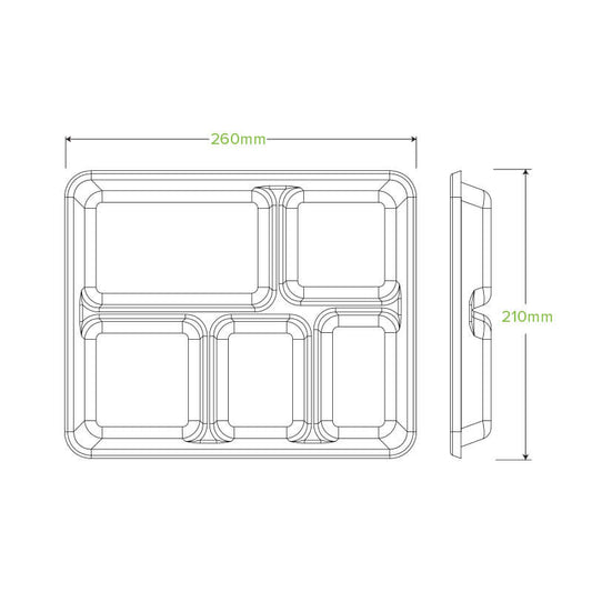 5-Compartment Plant Fibre Tray No PFAs Added|5-Compartment Plant Fibre Tray Line Drawing