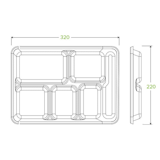 6-Compartment BioCane Sugarcane Tray|6-Compartment BioCane Sugarcane Tray Line Drawing