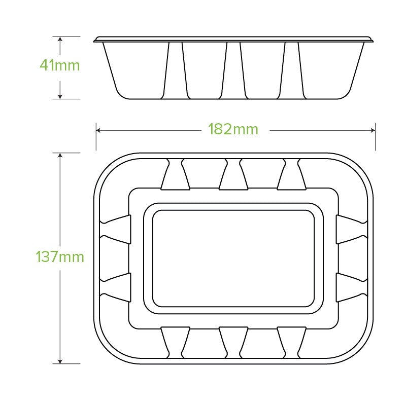 500g BioCane Produce Tray|hand holding sugarcane produce tray with cucumbers|500g BioCane Sugarcane Produce Tray Line Drawing