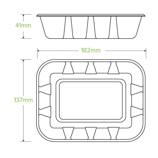 500g BioCane Produce Tray|hand holding sugarcane produce tray with cucumbers|500g BioCane Sugarcane Produce Tray Line Drawing