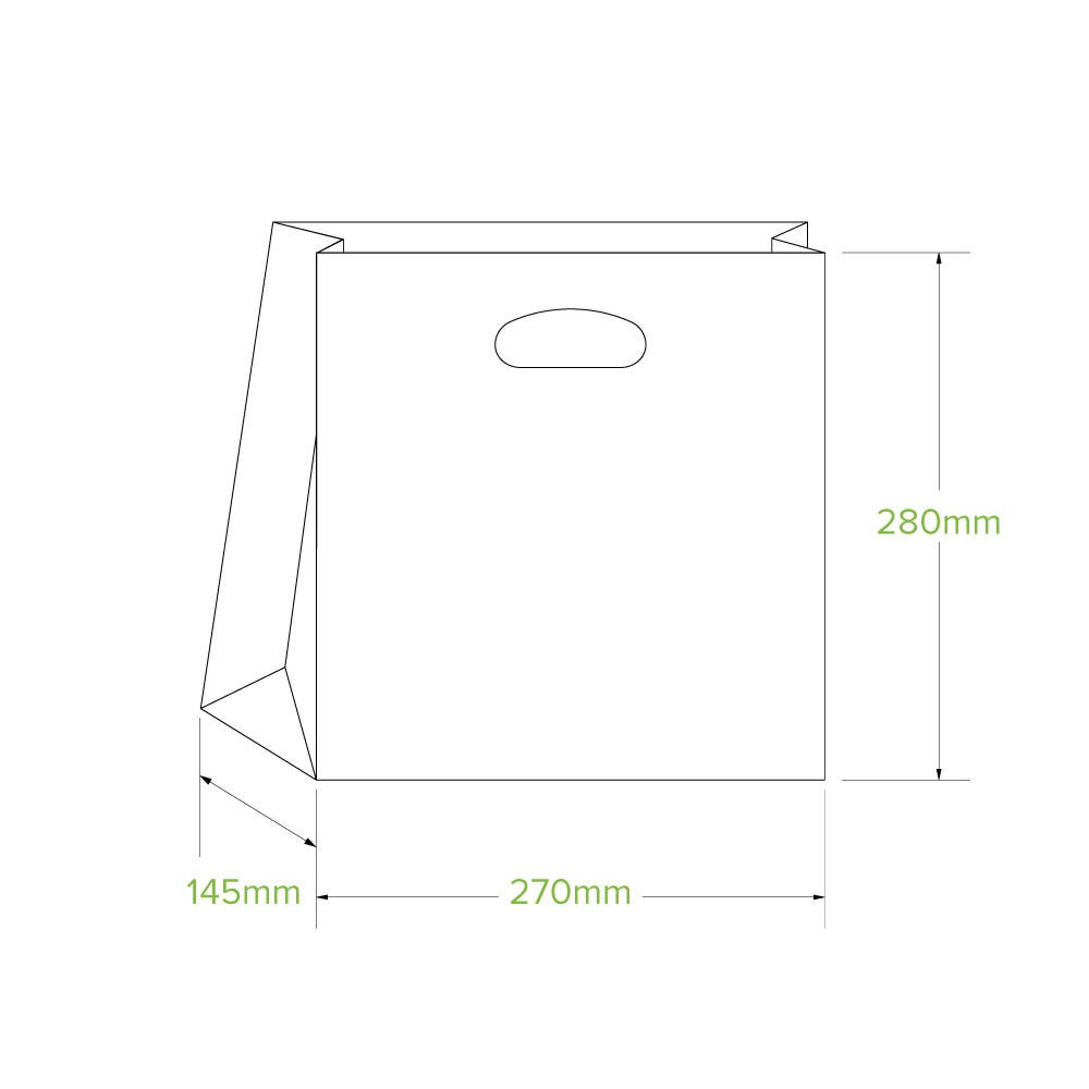 Kraft takeaway paper bag with die cut handle with green BioPak print|Small Die Cut Handle Kraft Paper Bags Line Drawing