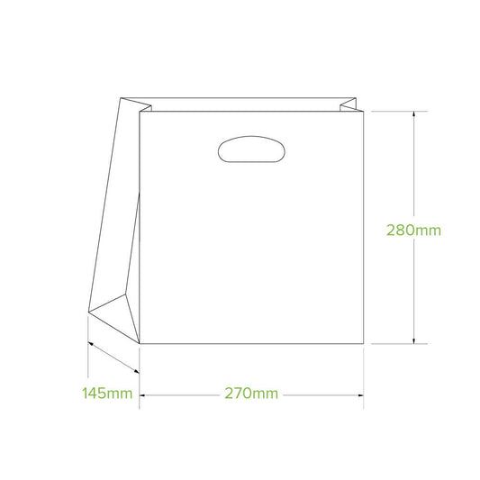 Kraft takeaway paper bag with die cut handle with green BioPak print|Small Die Cut Handle Kraft Paper Bags Line Drawing
