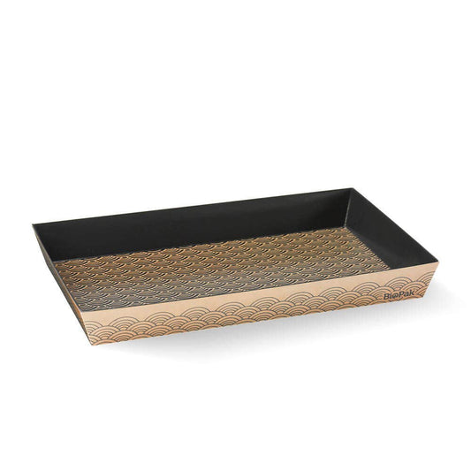 Kraft large paper sushi tray with black Japanese semi-circle pattern|Large BioBoard Sushi Tray Line Drawing|Kraft large paper sushi tray with black Japanese semi-circle pattern with clear PET lid