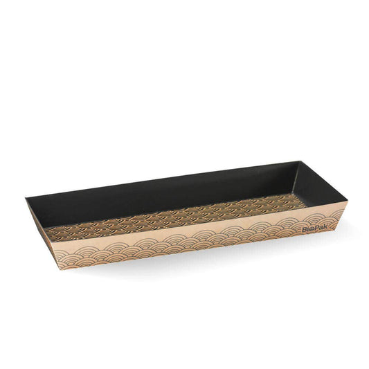 Kraft long paper sushi tray with black Japanese semi-circle pattern|Long BioBoard Sushi Tray Line Drawing|Kraft long paper sushi tray with black Japanese semi-circle pattern with clear PLA lid