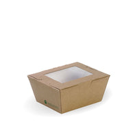 Small BioBoard Lunch Box With Window|Compostable Small BioBoard Lunch Box With Window Line Drawing|disposable lunch box with clear window filled with fresh shrimp spring rolls|disposable lunch box with clear window filled with charcuterie