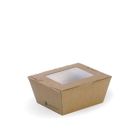 Small BioBoard Lunch Box With Window|Compostable Small BioBoard Lunch Box With Window Line Drawing|disposable lunch box with clear window filled with fresh shrimp spring rolls|disposable lunch box with clear window filled with charcuterie