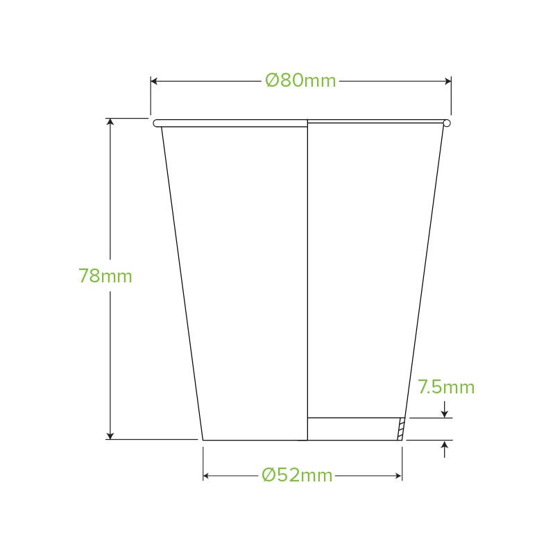 230ml / 6oz (80mm) Kraft Green Stripe Single Wall BioCups|230ml / 6oz (80mm) Kraft Green Stripe Single Wall BioCups Line Drawing