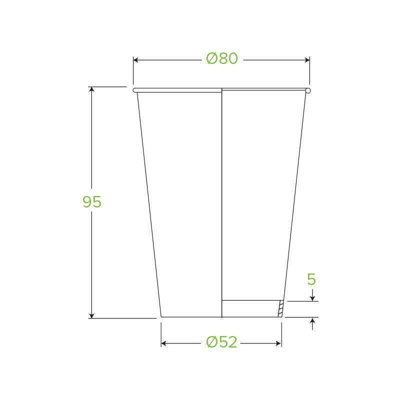 8oz White Green Line BioCup|white paper cup with green line and lid|8oz White Green Line BioCup Line Drawing