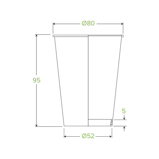 8oz White Green Line BioCup|white paper cup with green line and lid|8oz White Green Line BioCup Line Drawing
