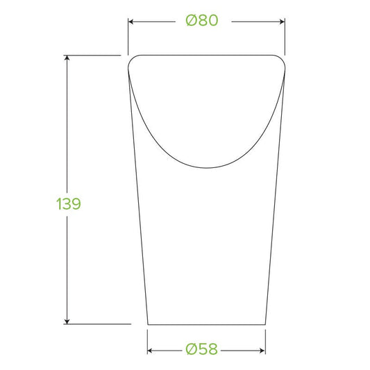 16oz Kraft Chip BioCup|Paper chip cup with fries alongside a sugarcane sauce cup with ketchup|16oz Kraft Chip BioCup Line Drawing|Paper chip cup with fries alongside a sugarcane sauce cup with ketchup and mayo