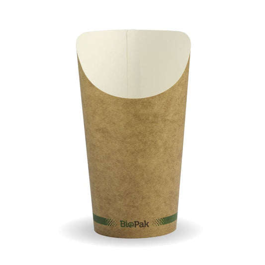 16oz Kraft Chip BioCup|Paper chip cup with fries alongside a sugarcane sauce cup with ketchup|16oz Kraft Chip BioCup Line Drawing|Paper chip cup with fries alongside a sugarcane sauce cup with ketchup and mayo