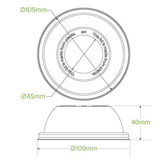 105mm Plant Fibre Wide Hole Dome Cold Paper BioCup Lid|105mm Plant Fibre Wide Hole Dome Cold Paper BioCup Lid Top View|105mm Plant Fibre Wide Hole Dome Cold Paper BioCup Lid Line Drawing