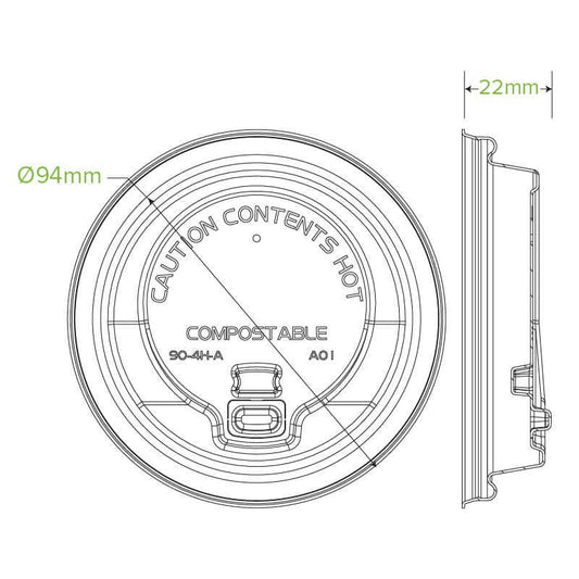 90mm Large Natural Reclosable Plant Fibre BioCup Lid|90mm Large Natural Reclosable Plant Fibre BioCup Lid Top View|90mm Large Reclosable Plant Fibre BioCup Lid Line Drawing 