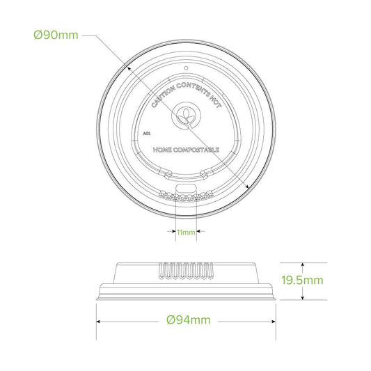 90mm Large White Plant Fibre BioCup Lid|90mm Large White Plant Fibre BioCup Lid Line Drawing|90mm Large White Plant Fibre BioCup Lid Top View