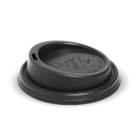 6|6, 8, 10 & 12(80mm)oz BioCup PLA Small Lid Line Drawing|hand holding two eco friendly coffee cups with black and white PLA lids