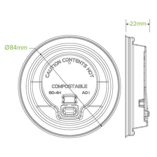 80mm Small Natural Reclosable Plant Fibre BioCup Lid|80mm Small Natural Reclosable Plant Fibre BioCup Lid Top View|80mm Small Natural Reclosable Plant Fibre Cup Lid Line Drawing