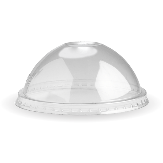12|430-950ml / 12-32oz PET Dome BioBowl Lid on Kraft BioBowl alongside wooden spoon and napkin|12, 16, 24 & 32oz BioBowl PET Lid Line Drawing
