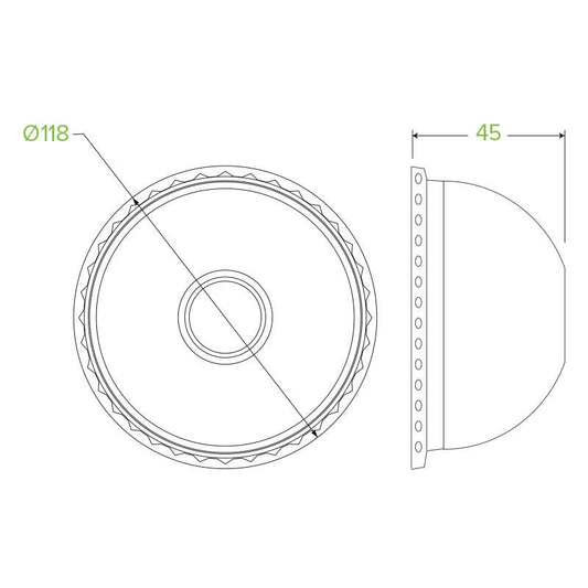12|430-950ml / 12-32oz PET Dome BioBowl Lid on Kraft BioBowl alongside wooden spoon and napkin|12, 16, 24 & 32oz BioBowl PET Lid Line Drawing