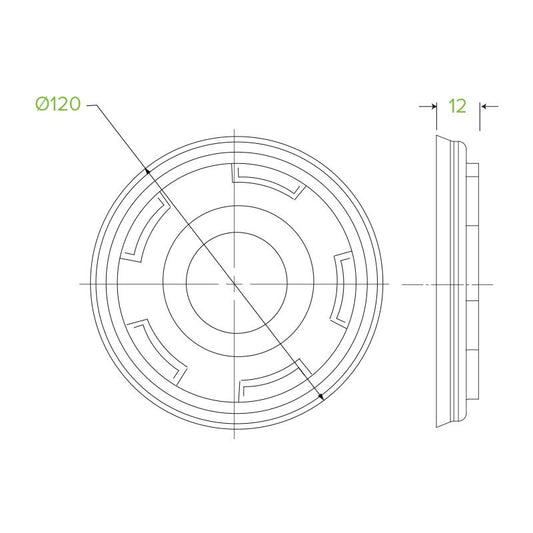 12|430-950ml / 12-32oz White PLA BioBowl Lid Top View|12, 16, 24 & 32oz BioBowl PLA Lid Line Drawing