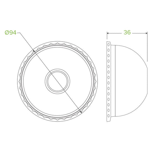 8oz BioBowl PET Dome Lid|250ml (8oz) White paper bowl containing a cake, covered with a PET dome BioBowl clear lid|8oz BioBowl PET Dome Lid Line Drawing