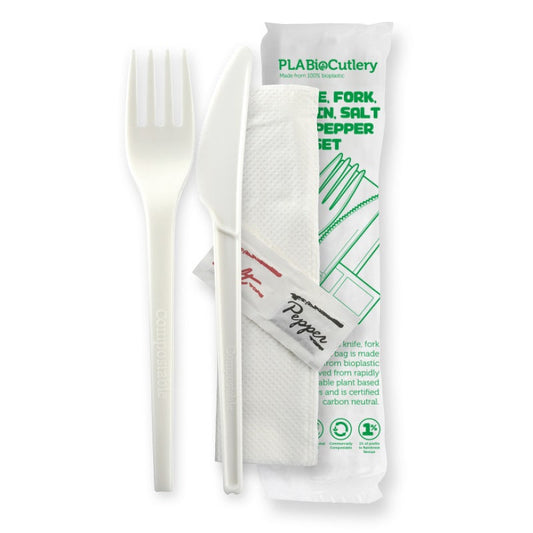 6.5" PLA Knife, Fork, Napkin, Salt & Pepper Set