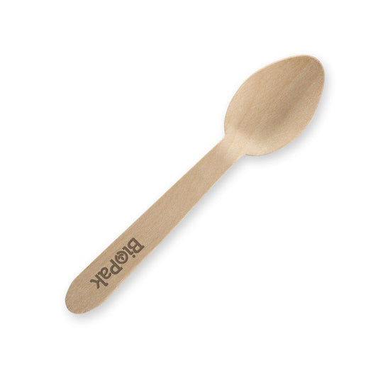 10cm Wood Teaspoon|10cm wooden teaspoon drawing|Woman's hand holding a wooden spoon opening a paper bowl with lid