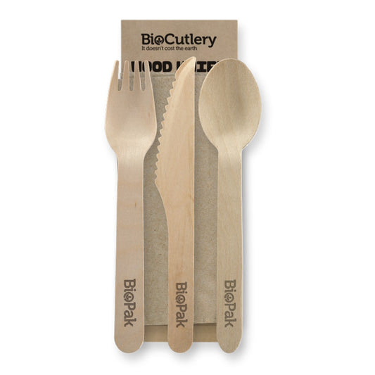 16cm Wood Knife Fork Spoon Napkin Set|16cm Wood Knife Fork Spoon Napkin Set drawing|hand holding wooden cutlery set on top of rectangular takeaway container