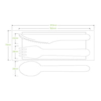 16cm Wood Knife Fork Spoon Napkin Set|16cm Wood Knife Fork Spoon Napkin Set drawing|hand holding wooden cutlery set on top of rectangular takeaway container