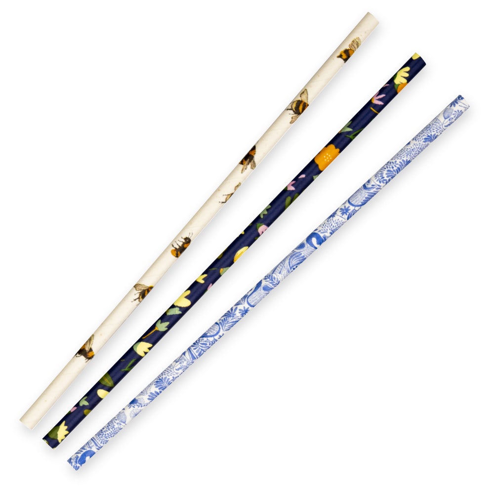 |Assorted BioPak art series paper straws on wooden table|6mm Regular Art Series BioStraw Line Drawing