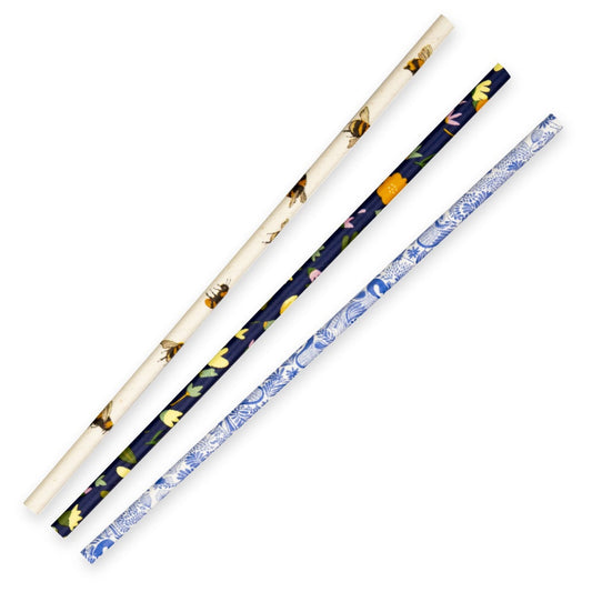 |Assorted BioPak art series paper straws on wooden table|6mm Regular Art Series BioStraw Line Drawing