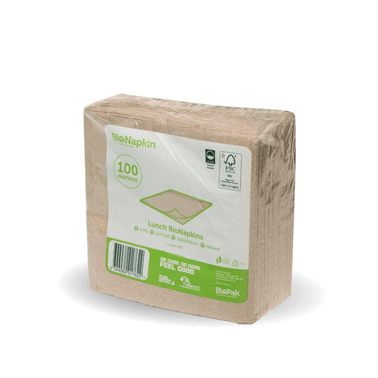  1/4 Fold Natural Napkin 100pk| 1/4 Fold Natural Napkin 100pk|sugarcane rectangular container with mediteranean food along side luncheon napkins and disposable wooden knife and fork