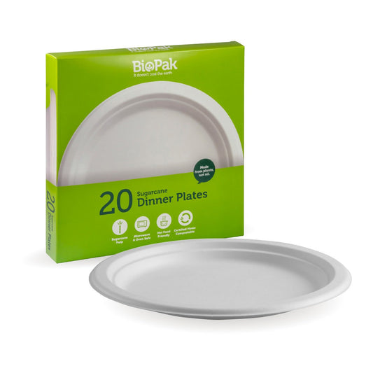 25cm 10" White Sugarcane BioPlates  20pk|Family enjoying picnic using BioPak sugarcane eco-friendly party plates and tableware filled with food|25cm 10" White Sugarcane BioPlates  20pk line drawing