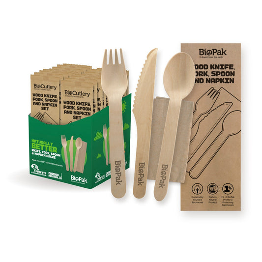 16cm FSC™ Wood Fork, Knife, Spoon & Napkin Sets|16cm FSC™ Wood Fork, Knife, Spoon & Napkin Sets